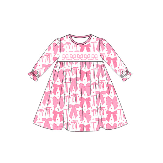 Preorder GLD1205 Bows Pink Long Sleeve Girls Dress 202507