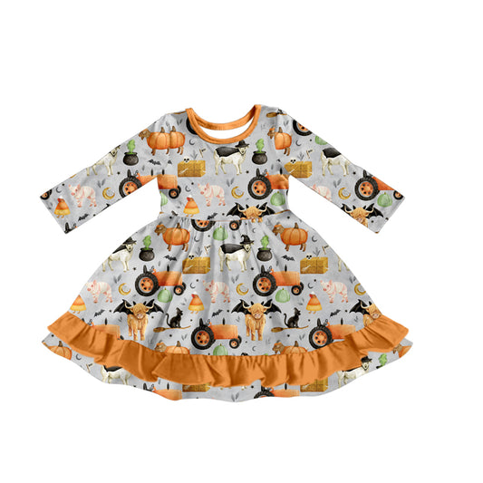 Preorder GLD1207 Halloween Farm Animals O-Neck Orange Ruffle Long Sleeve Girls Dress 202507