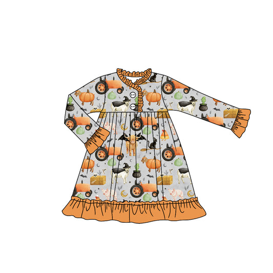 Preorder GLD1208 Halloween Farm Animals  Orange Ruffle Long Sleeve Girls Dress 202507