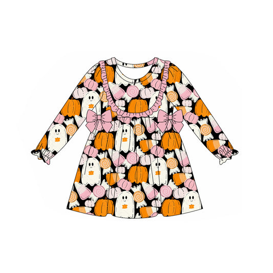 Preorder GLD1209 Halloween Pumpkin Bows Orange Long Sleeve Girls Dress 202507