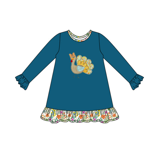 Preorder GLD1211 Thanksgiving Turkey Flower Ruffle Long Sleeve Girls Dress 202507