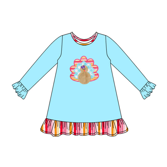 Preorder GLD1212 Thanksgiving Turkey Colored Stripe Ruffle Long Sleeve Girls Dress 202507