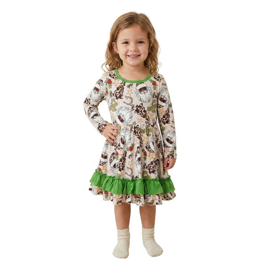 GLD1213 Christmas Cowboy Santa Cactus Ruffles Girl's Dress 202609 RTS