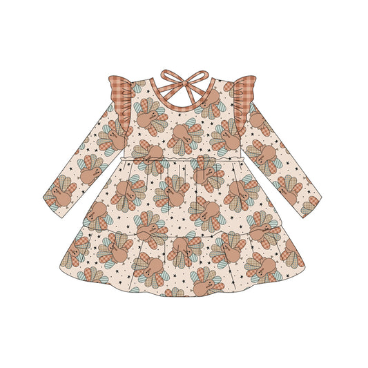 Preorder GLD1217 Turkey Star Plaid Ruffle Long Sleeve Girls Dress 202507