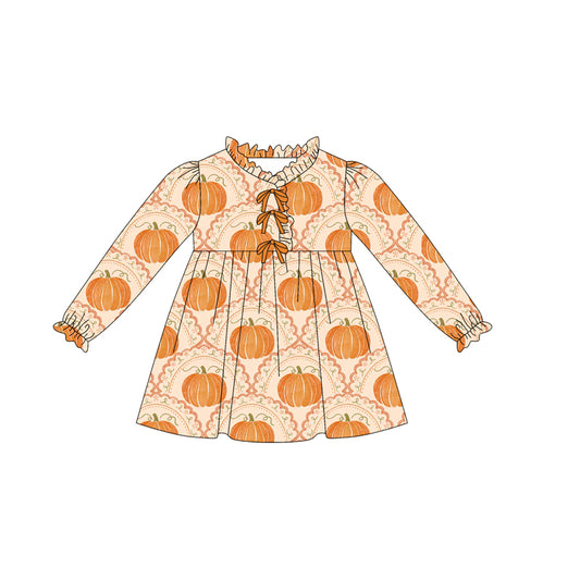 Preorder GLD1220 Thanksgiving Pumpkin Orange Ruffle Long Sleeve Girls Dress 202507