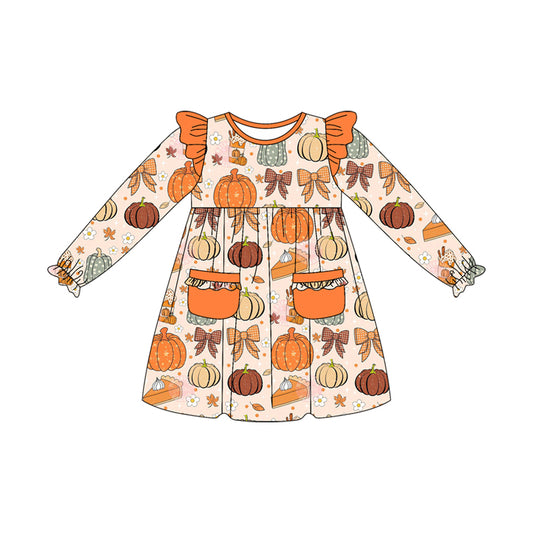 Preorder GLD1221 Thanksgiving Pumpkin Bows Pocket Orange Ruffle Long Sleeve Girls Dress 202507