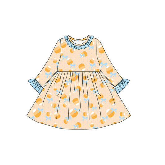 Preorder GLD1223 Candy Bows Blue Ruffle Long Sleeve Dresses for Girls 202507