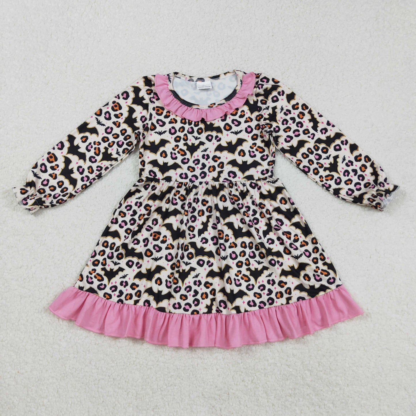 GLD1224 Leopard Bats Pattern Pink Ruffle Long Sleeve Dresses for Girls 202509 RTS