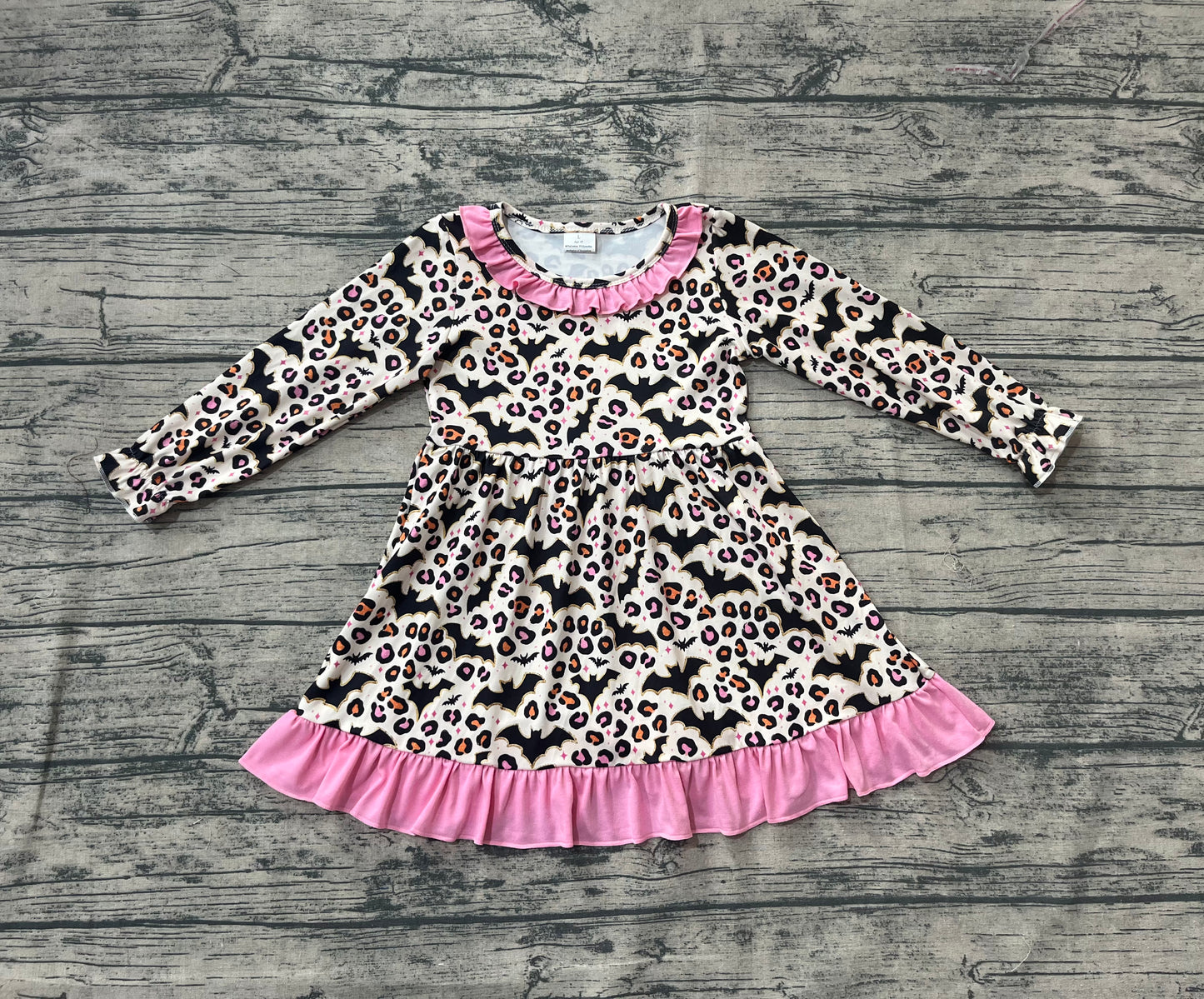 Preorder GLD1224 Leopard Bats Pattern Pink Ruffle Long Sleeve Dresses for Girls 202507