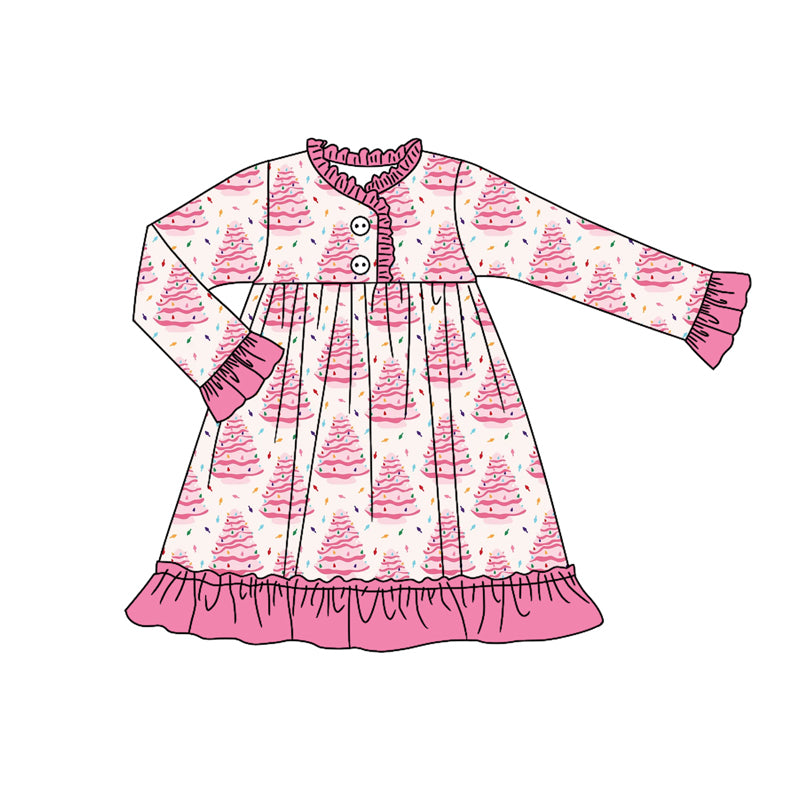 Preorder GLD1225 Christmas Santa Tree Rose Red Ruffle Long Sleeve Dresses for Girls 202507