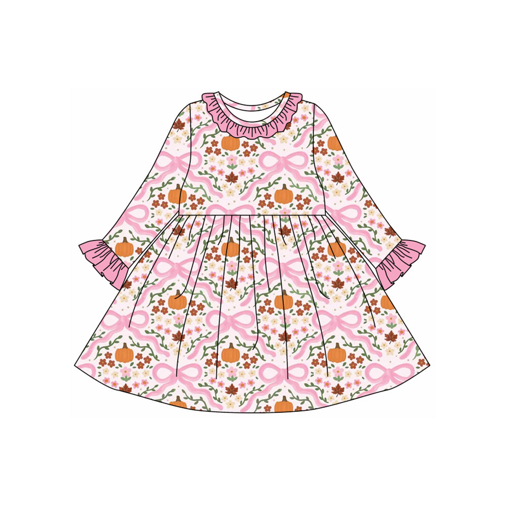 Preorder GLD1226 Halloween Bows Pumpkin Pink Ruffle Long Sleeve Dresses for Girls 202507