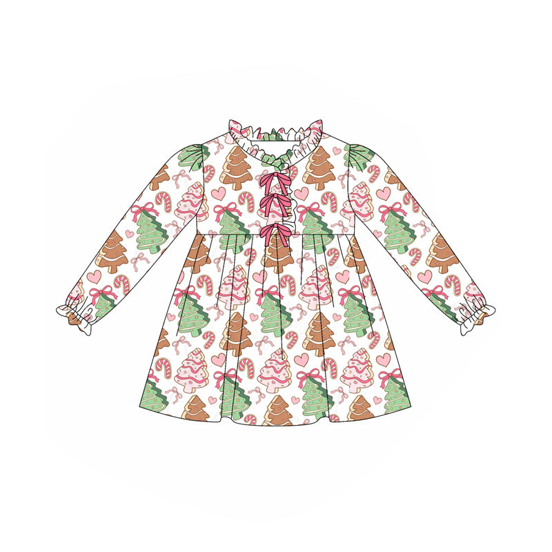 Preorder GLD1227 Christmas Tree Bows Ruffle Long Sleeve Dresses for Girls 202507