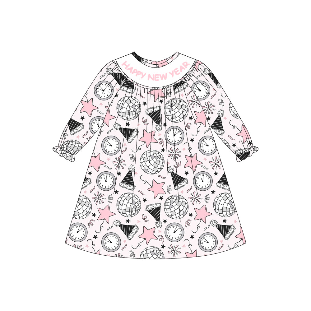 Preorder GLD1231 Happy New Year Ruffle Long Sleeve Dresses for Girls 202507