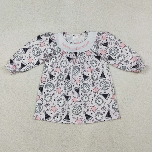 GLD1231 Embroidered Happy New Year Ruffle Long Sleeve Dresses for Girls  202510 RTS