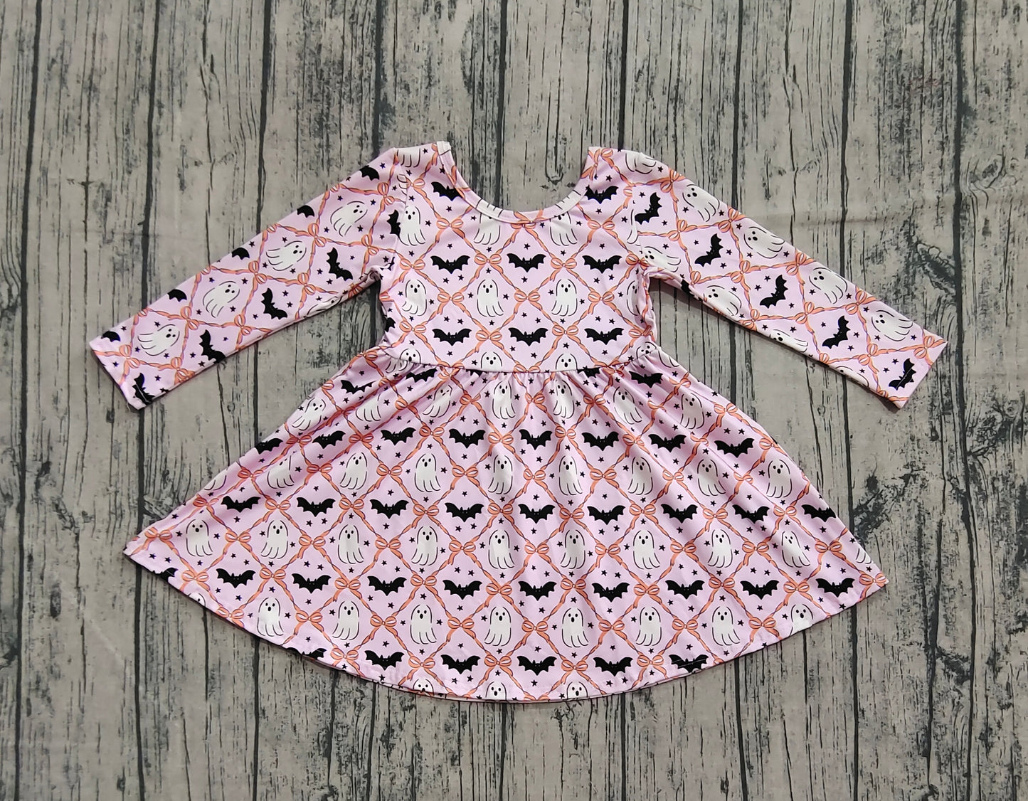 Preorder GLD1232 Halloween Ghost Bows Pink Long Sleeve Dresses for Girls 202507