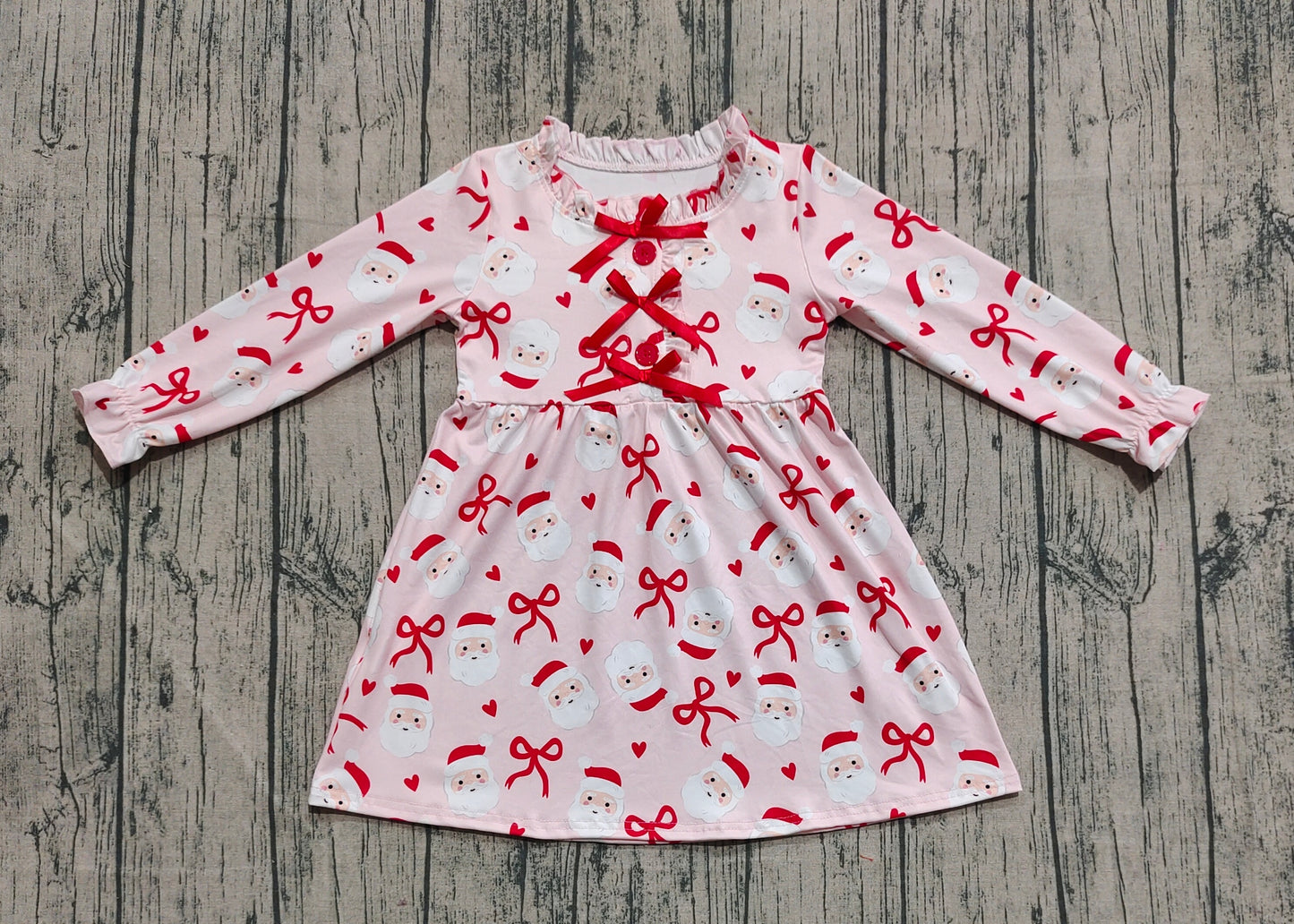 GLD1233 Christmas Claus Bows Heart Pink Ruffle Long Sleeve Dresses for Girls 202509 RTS