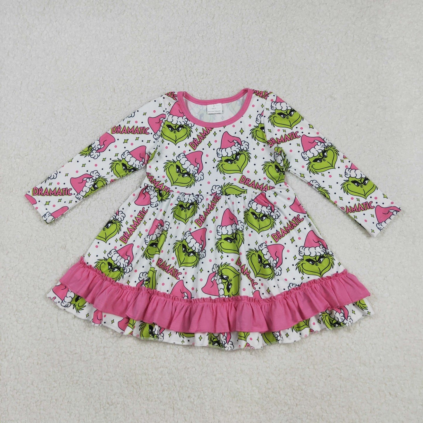 GLD1234 Matching Sibling Christmas Grinch O-Neck Pink Ruffle Long Sleeve Dresses for Girls 202509 RTS
