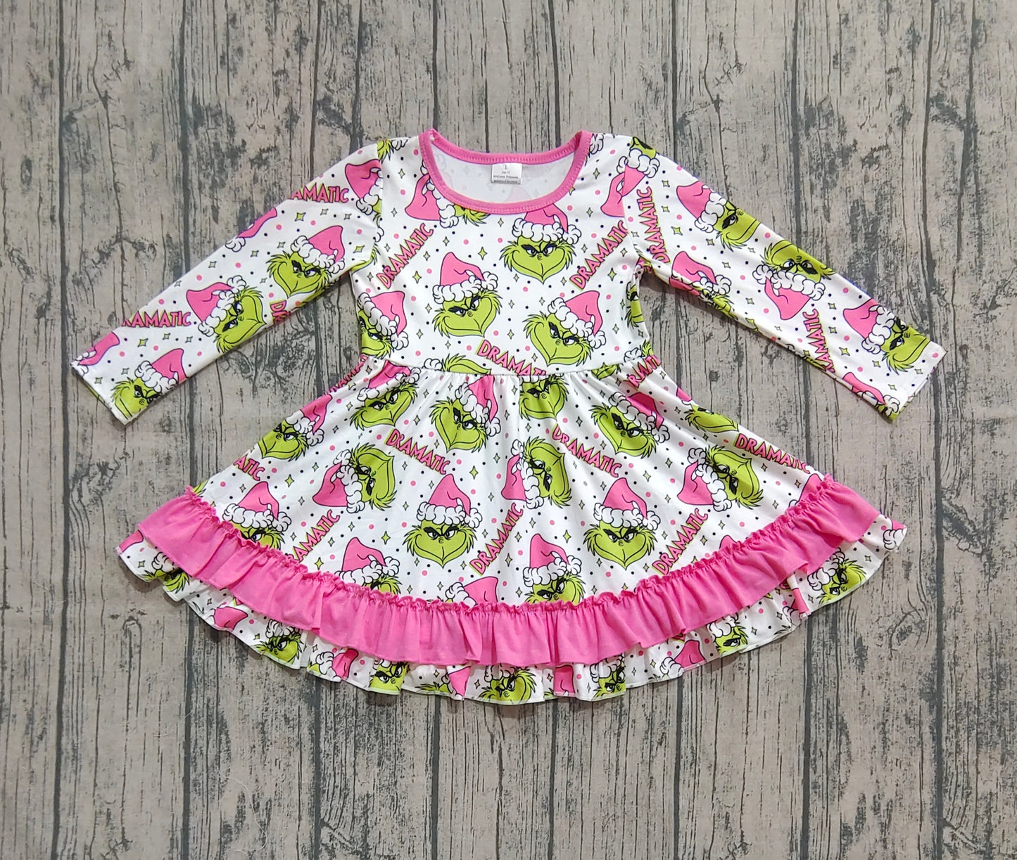 Preorder GLD1234 Matching Sibling Christmas Grinch O-Neck Pink Ruffle Long Sleeve Dresses for Girls 202507