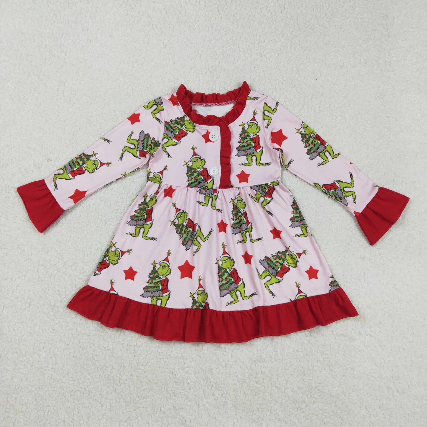 GLD1236 Christmas Grinch Star Red Ruffle Long Sleeve Dresses for Girls 202509 RTS
