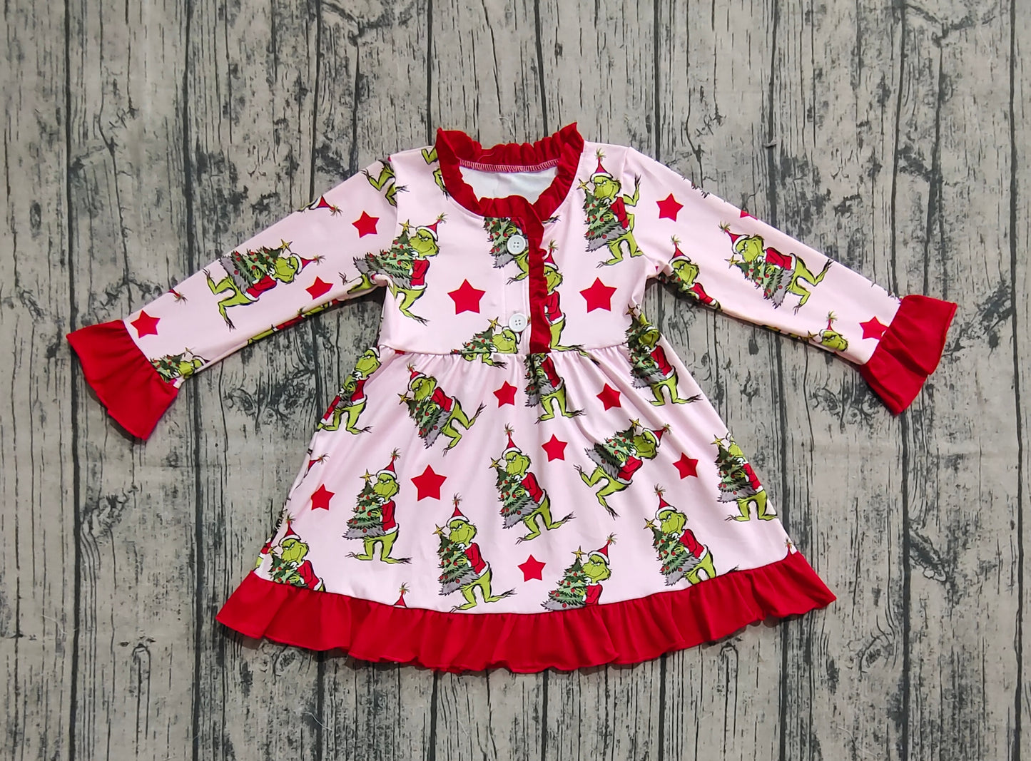 Preorder GLD1236 Christmas Grinch Star Red Ruffle Long Sleeve Dresses for Girls 202507