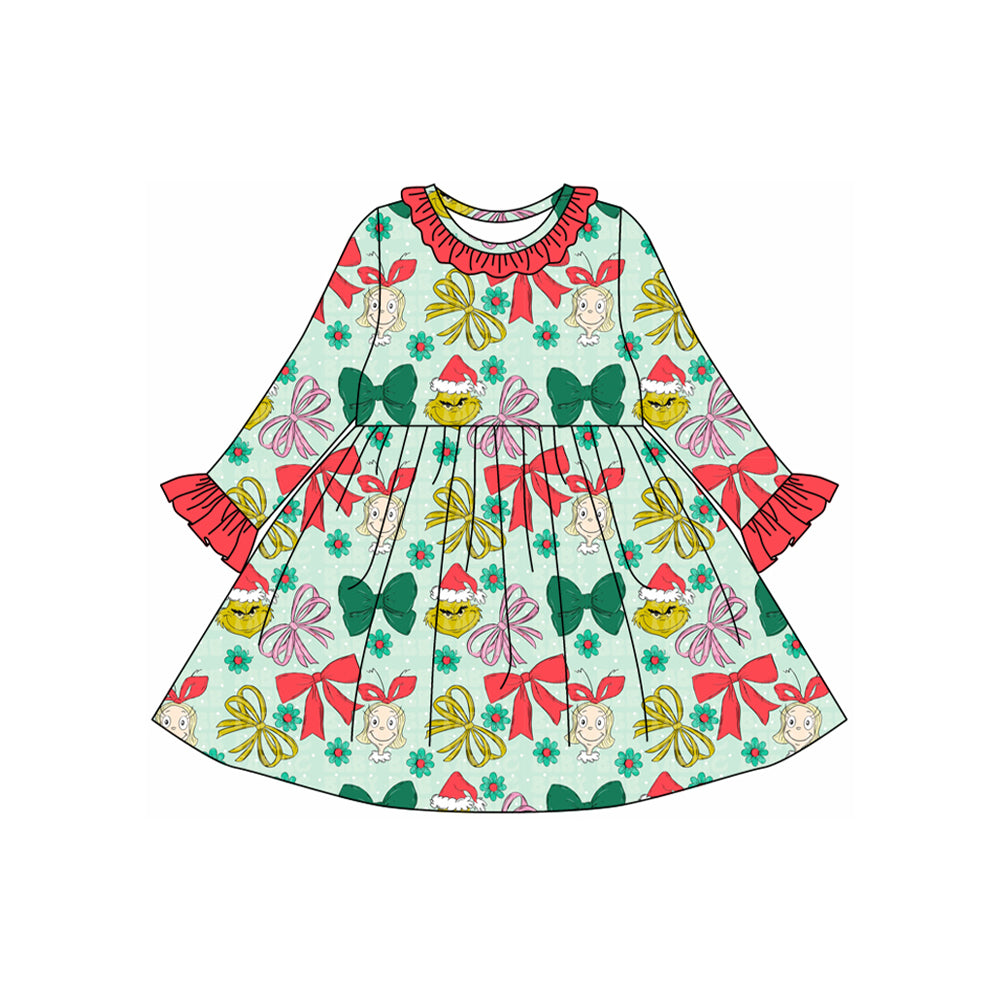 Preorder GLD1240 Christmas Grinch Bows Red Ruffle Long Sleeve Dresses for Girls 202507