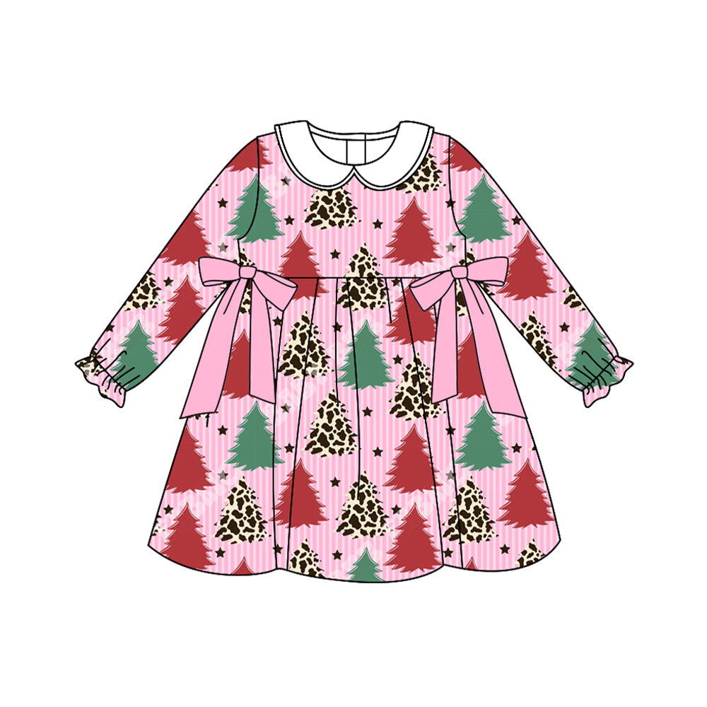 Preorder GLD1242 Christmas Tree Bows Stripe Doll Collar Long Sleeve Dresses for Girls 202507