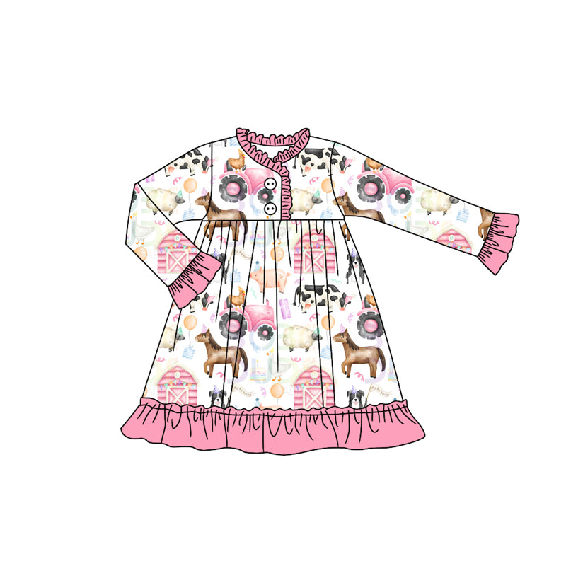 Preorder GLD1244 Sibling Farm Animals Pink Ruffle Long Sleeve Dresses for Girls 202507