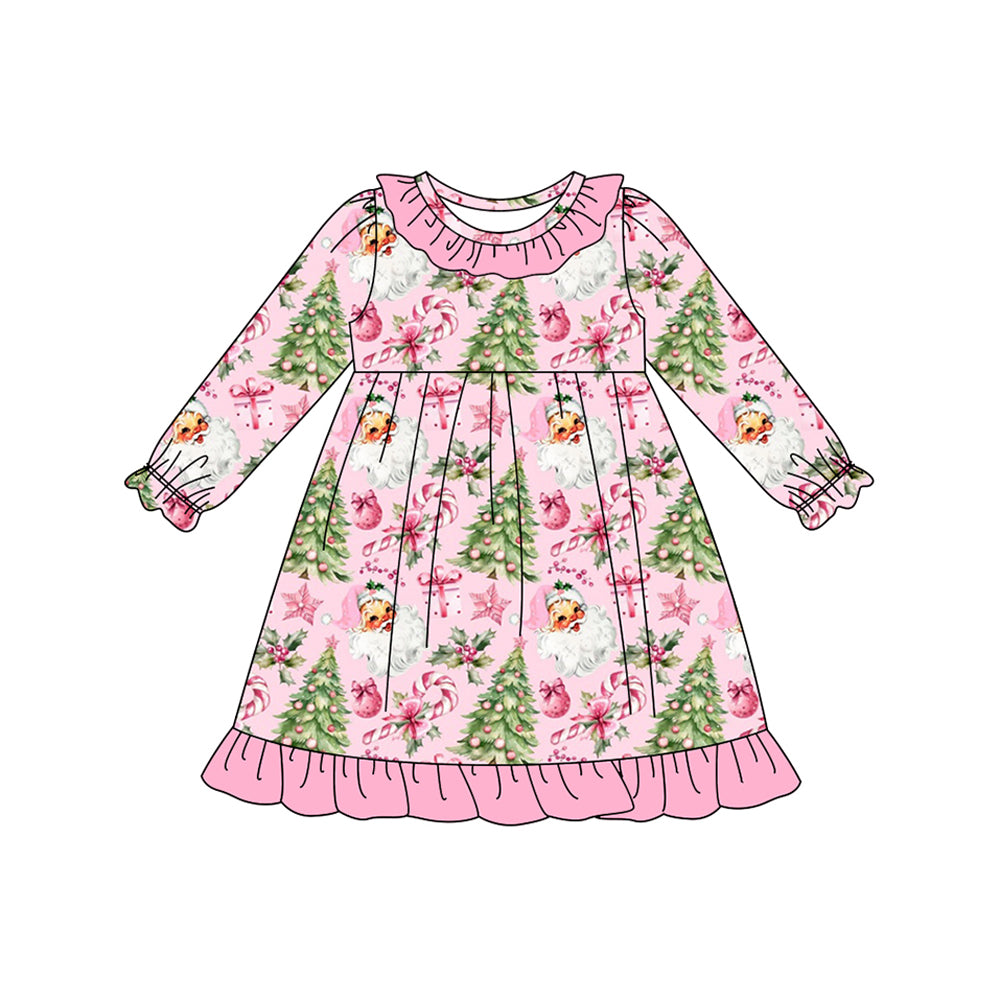 Preorder GLD1245 Christmas Claus Tree Pink Ruffle Long Sleeve Dresses for Girls 202507