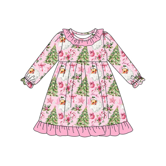 Preorder GLD1245 Christmas Claus Tree Pink Ruffle Long Sleeve Dresses for Girls 202507