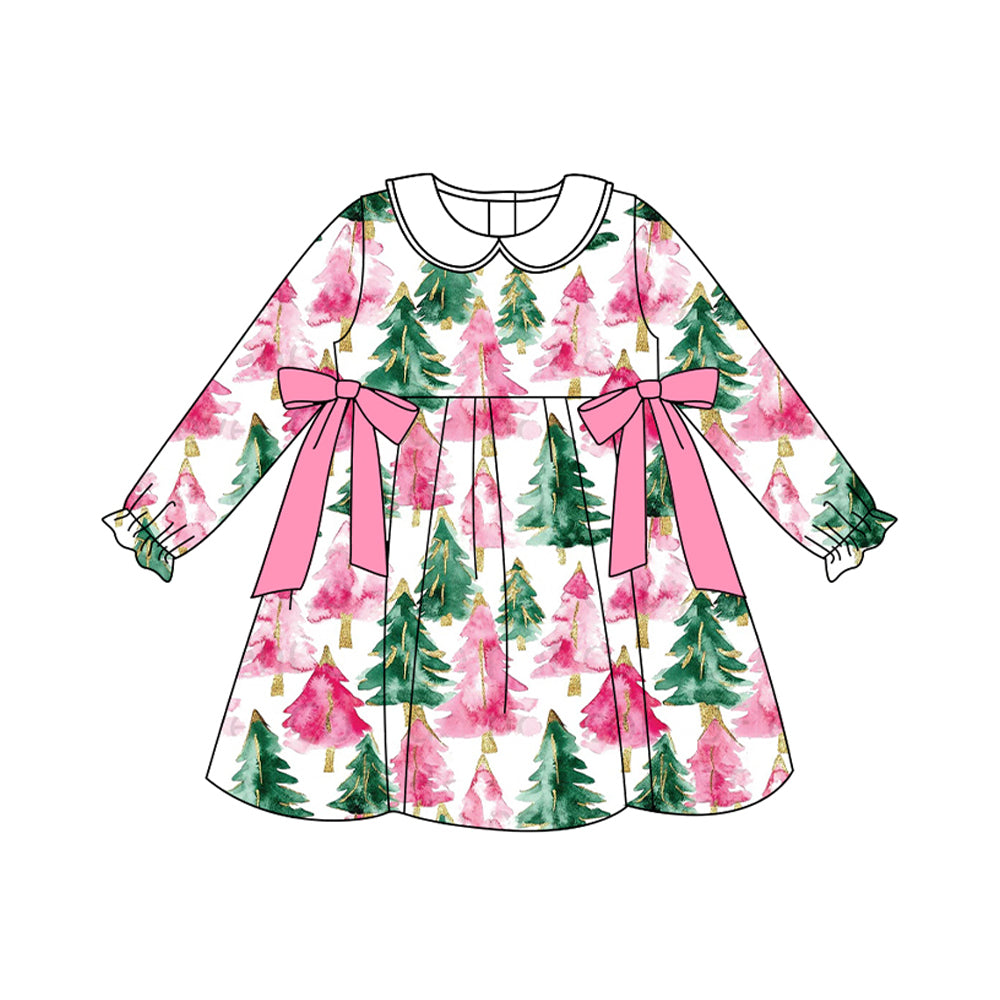 Preorder GLD1246 Christmas Tree Pink Bows Doll Collar Long Sleeve Dresses for Girls 202507