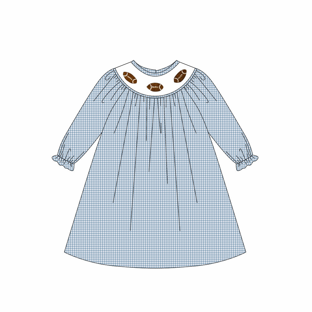 Preorder GLD1247 Rugby Pattern Blue Plaid Long Sleeve Dresses for Girls 202508