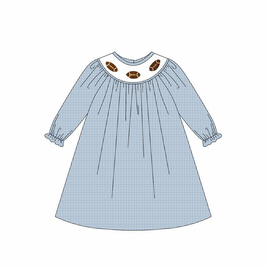 Preorder GLD1247 Rugby Pattern Blue Plaid Long Sleeve Dresses for Girls 202508