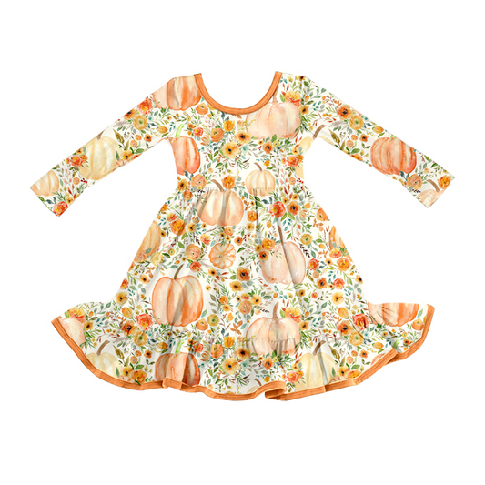 Preorder GLD1248 Pumpkin Floral Leaf Orange Long Sleeve Dresses for Girls 202508