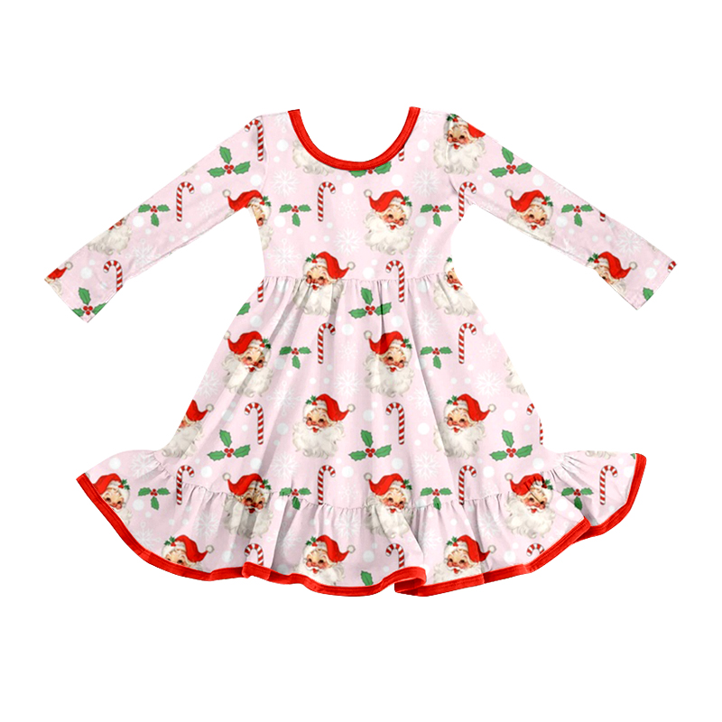 Preorder GLD1251 Christmas Santa Claus Cane Pink Long Sleeve Dresses for Girls 202508
