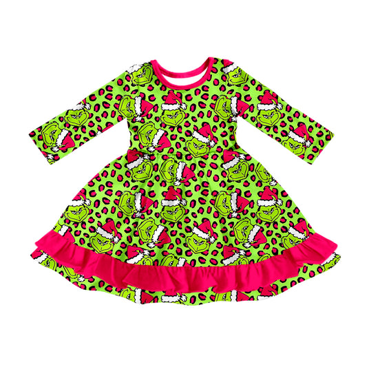 Preorder GLD1253 Christmas Grinch Leopard O-Neck Red Ruffle Green Long Sleeve Dresses for Girls 202508