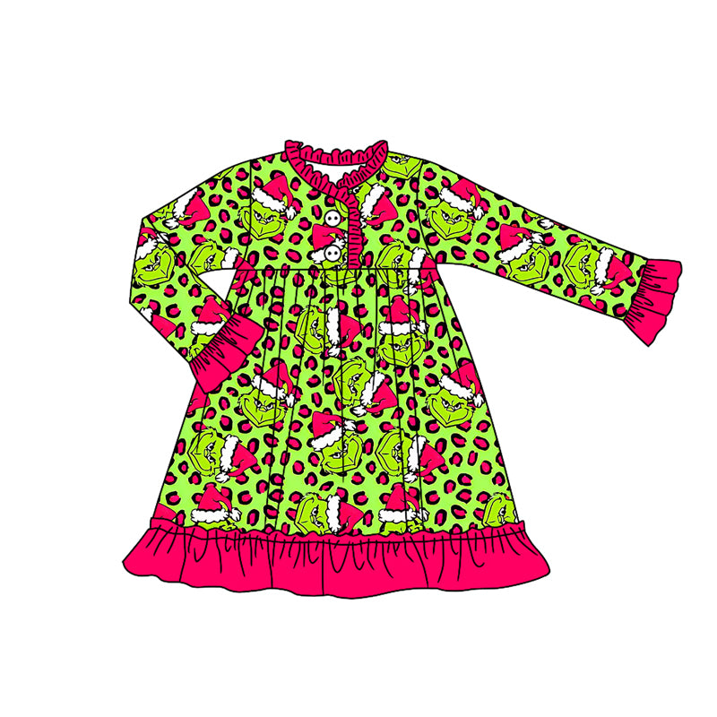 Preorder GLD1254 Christmas Grinch Leopard Red Ruffle Green Long Sleeve Dresses for Girls 202508
