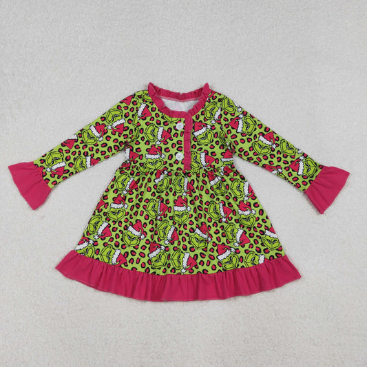 GLD1254-XS-3XL Christmas Grinch Leopard Red Ruffle Green Long Sleeve Dresses for Girls  202510 RTS