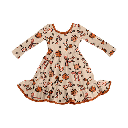 Preorder GLD1255 Bows Pumpkin Orange Long Sleeve Dresses for Girls 202508