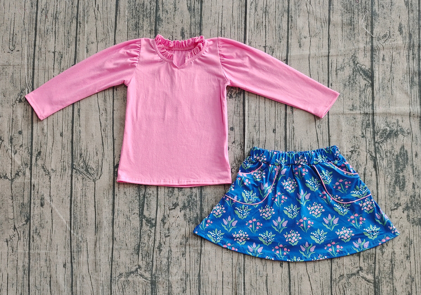 Preorder GLD1256 Pure Pink Ruffle Long Sleeve Flower Blue Skirts for Girls Sets 202508
