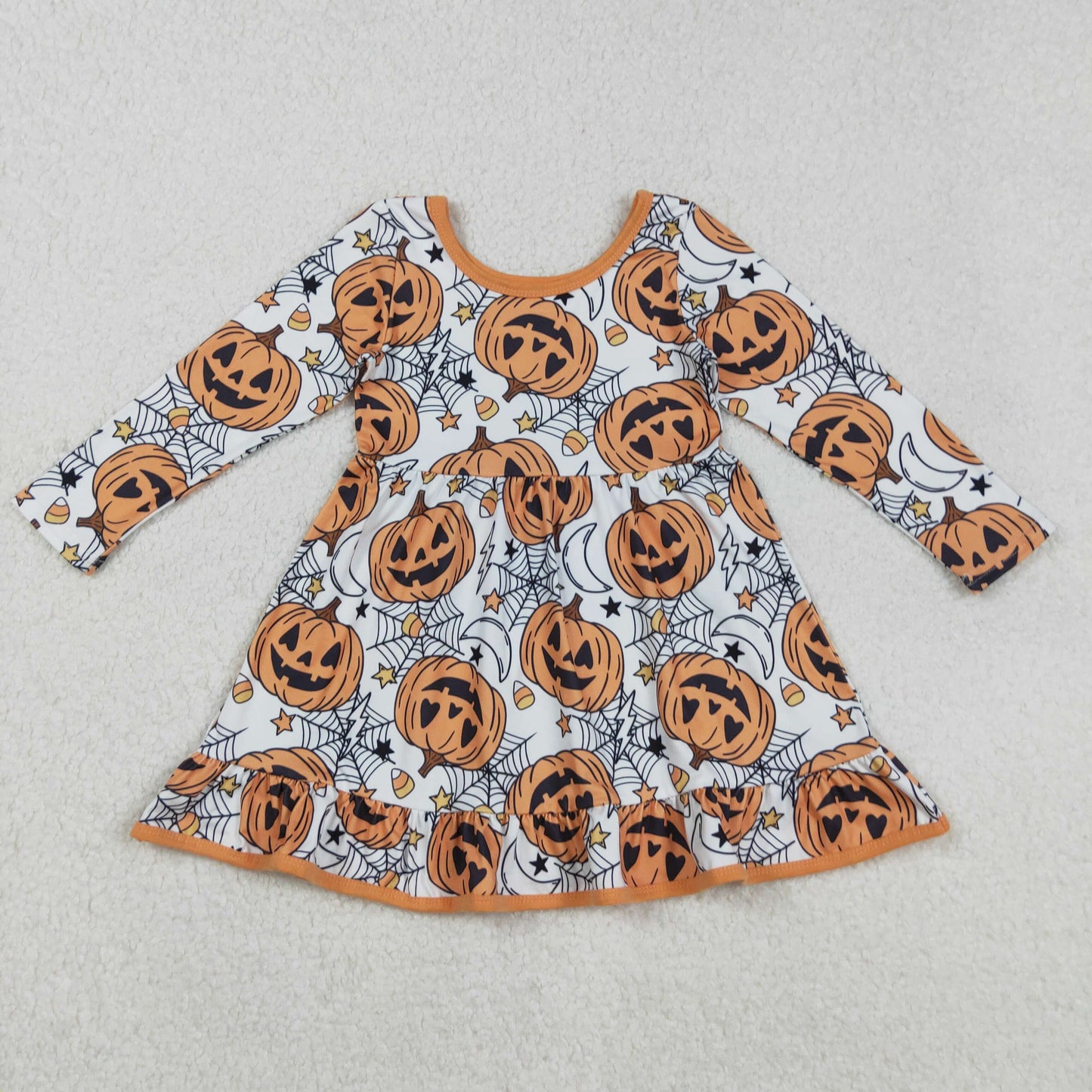 GLD1258 Halloween Pumpkin Ghost Ruffle Orange Long Sleeve Dresses for Girls 202508 RTS