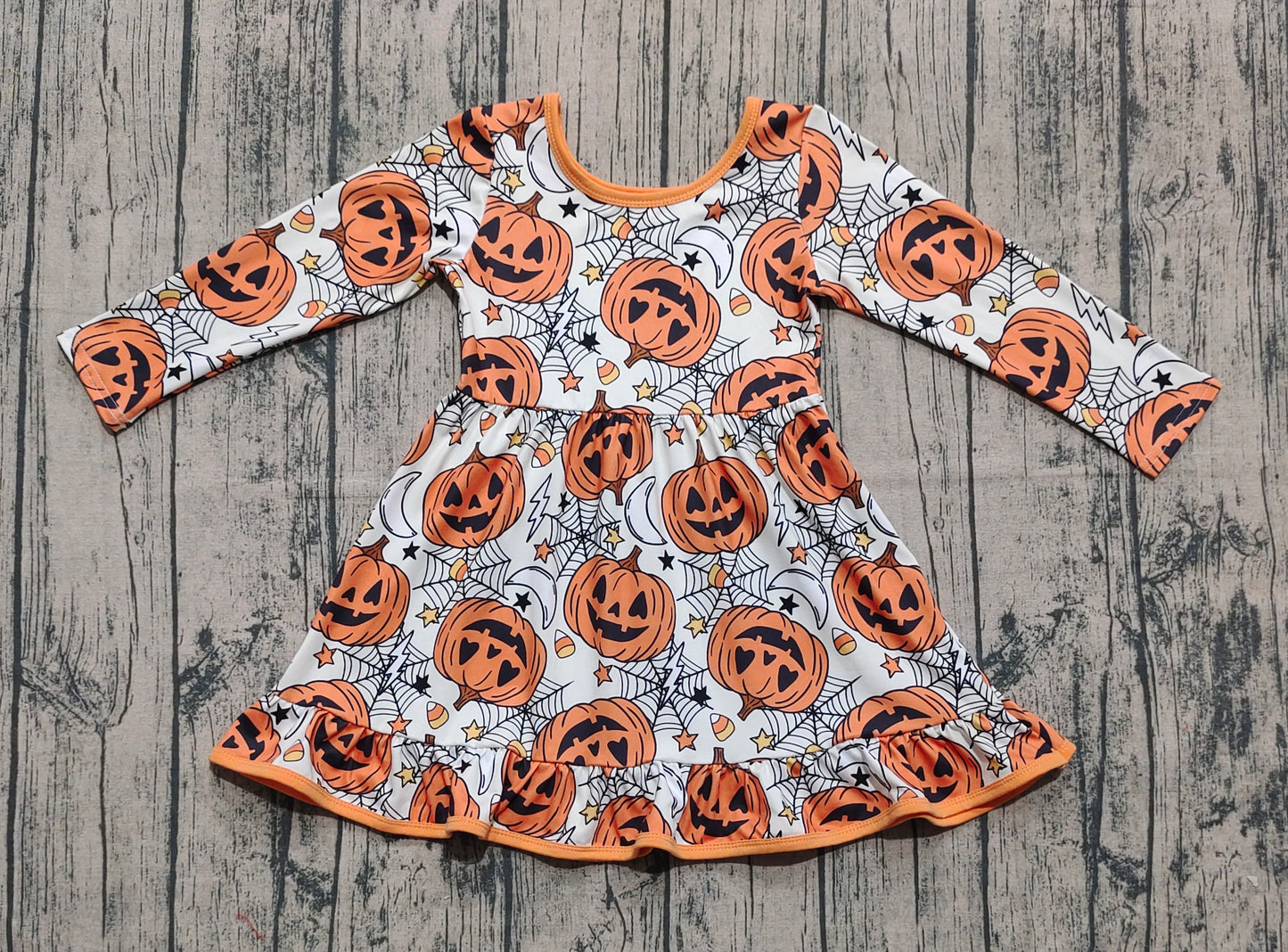 Preorder GLD1258 Halloween Pumpkin Ghost Ruffle Orange Long Sleeve Dresses for Girls 202508