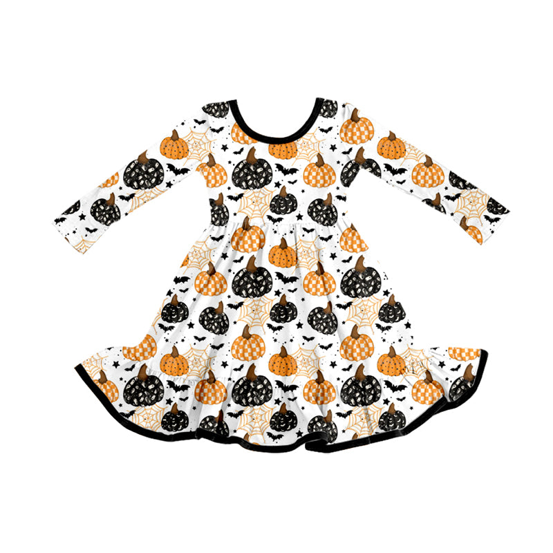 Preorder GLD1261 Halloween Pumpkin Spider Web Black Ruffle Long Sleeve Dresses for Girls 202508