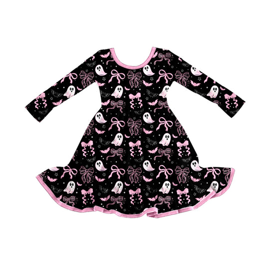 Preorder GLD1262 Halloween Ghost Bows Black Pink Ruffle Long Sleeve Dresses for Girls  202508
