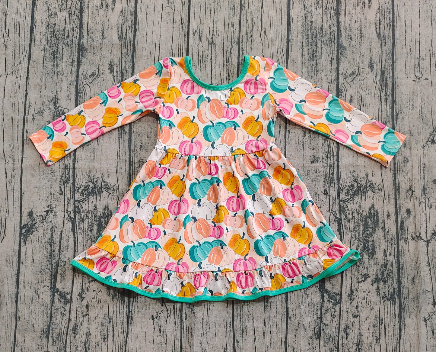 Preorder GLD1264 Pumpkin Orange Green Ruffle Long Sleeve Dresses for Girls 202508