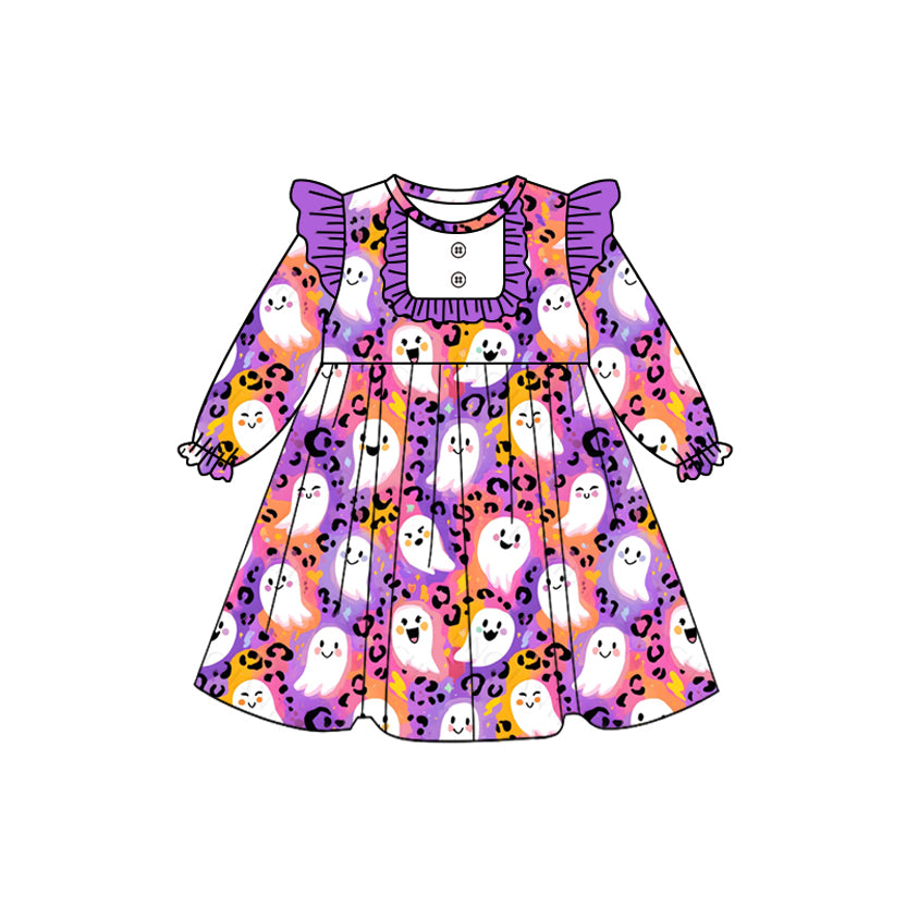 Preorder GLD1265 Halloween Ghost Leopard Purple Ruffle Long Sleeve Dresses for Girls 202508