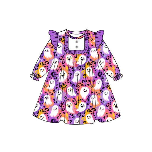 Preorder GLD1265 Halloween Ghost Leopard Purple Ruffle Long Sleeve Dresses for Girls  202508