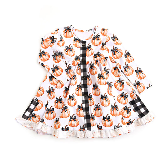 Preorder GLD1266 Pumpkin Plaid Lace Ruffle Long Sleeve Dresses for Girls 202508