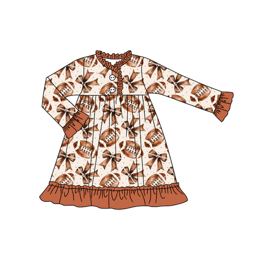 Preorder GLD1267 Rugby Brown Ruffle Long Sleeve Dresses for Girls 202508