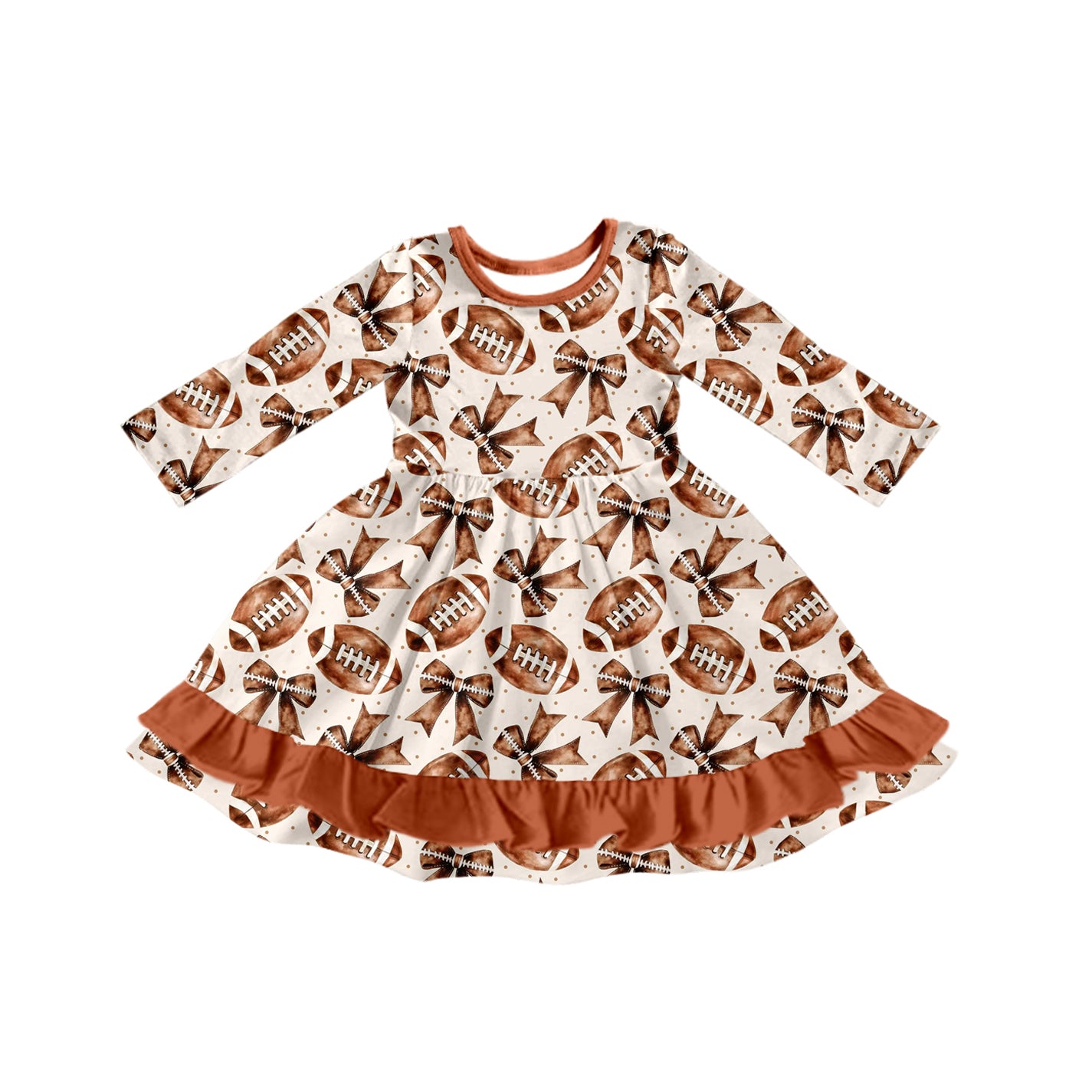 Preorder GLD1268 Rugby Brown O-Neck Ruffle Long Sleeve Dresses for Girls 202508