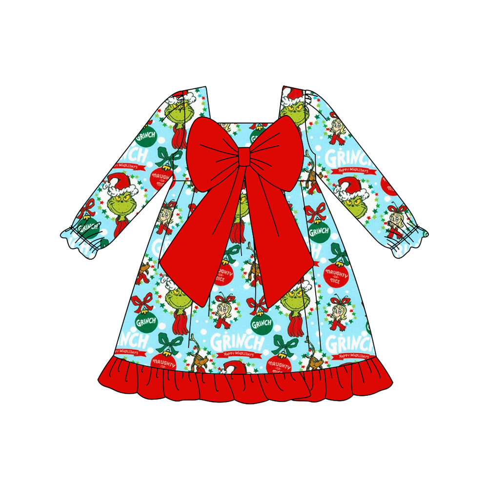 Preorder GLD1269 Christmas Grinch Big Bow Red Ruffle Long Sleeve Dresses for Girls 202508